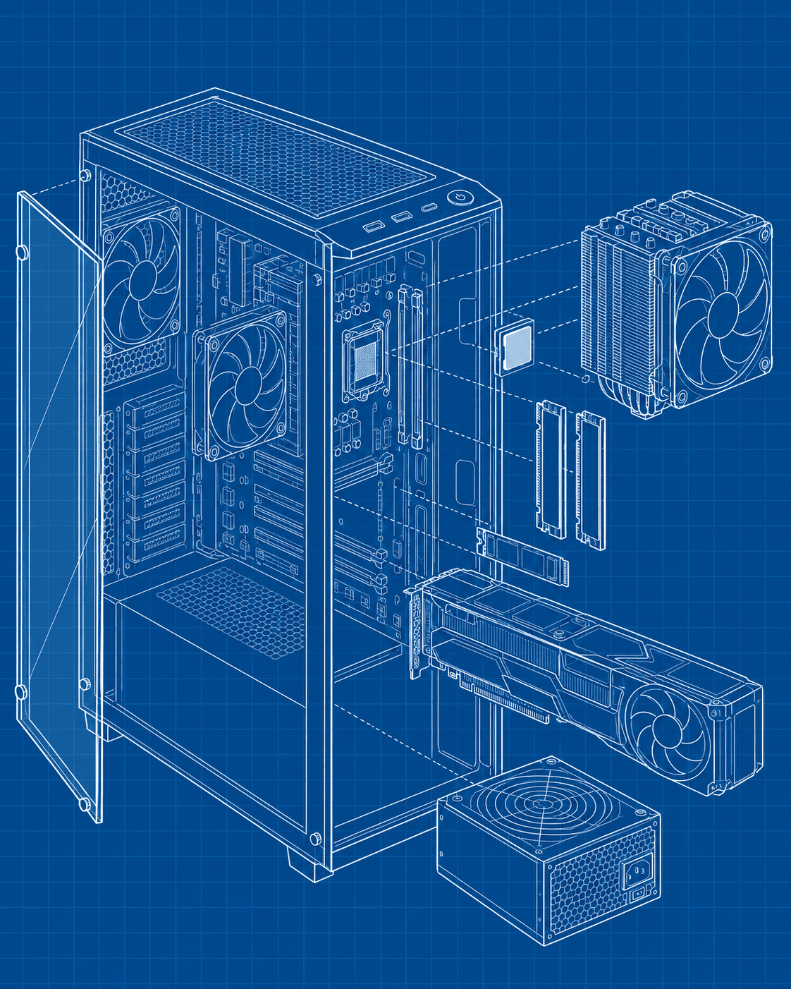 Vista interna semi-esplosa: case e scheda madre, CPU, dissipatore ad aria, due RAM, NVMe, scheda video e alimentatore.