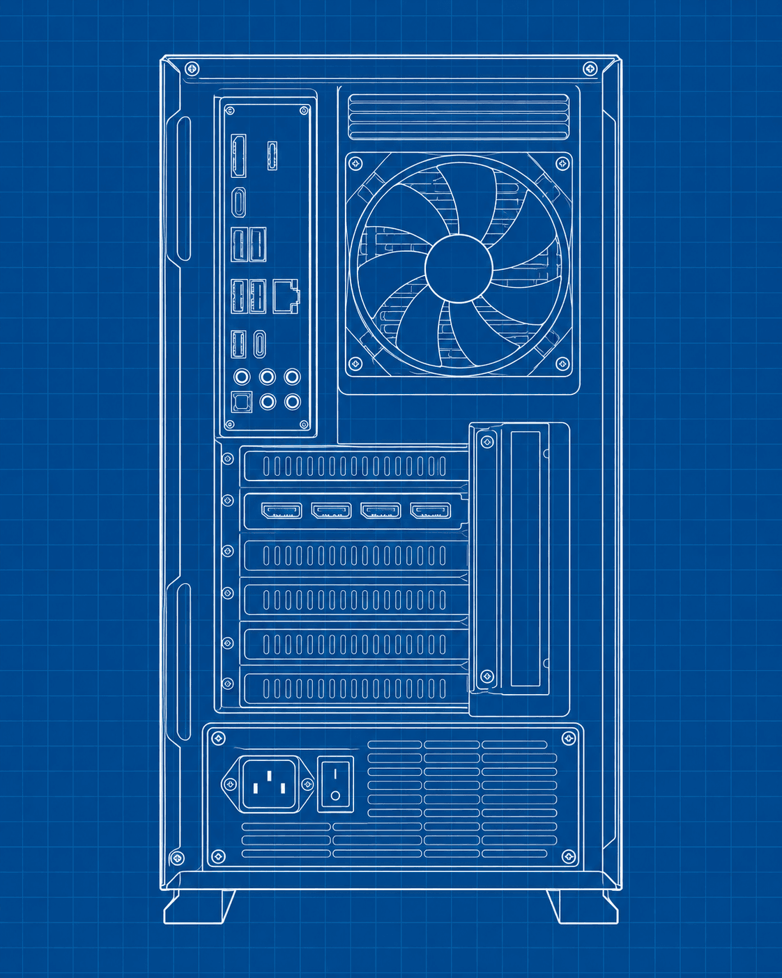 Retro illustrativo di un desktop: pannello della scheda madre in alto a sinistra, scheda video al centro e alimentatore in basso.