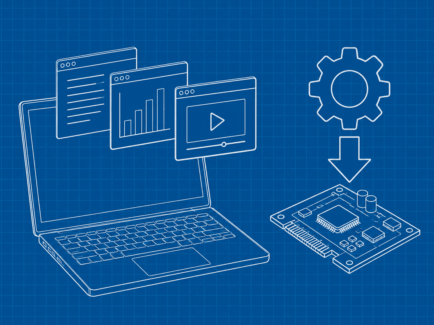 App illustrate, ingranaggio e componente del computer.