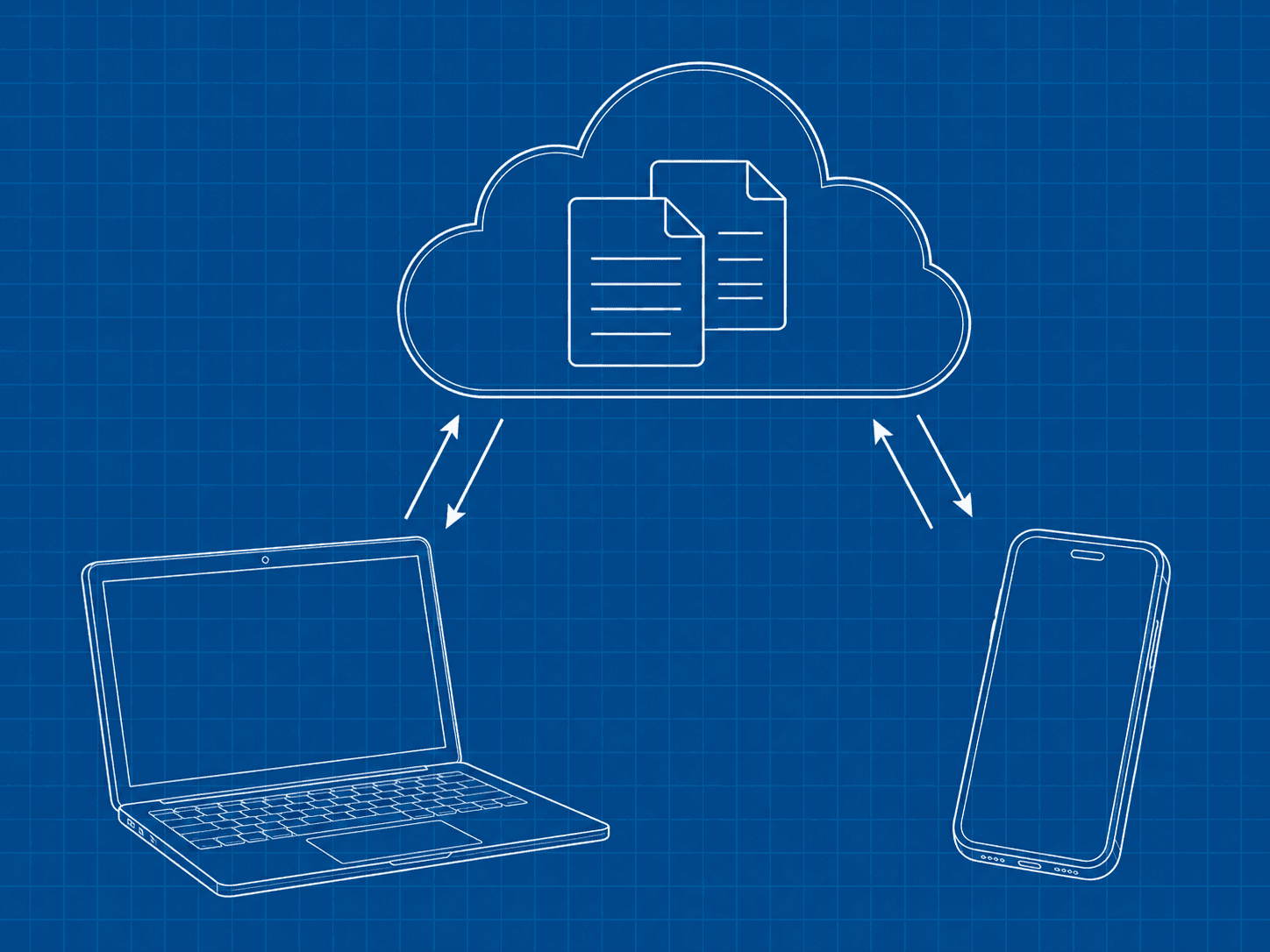 Cloud con documenti e frecce di sincronizzazione tra notebook e telefono.