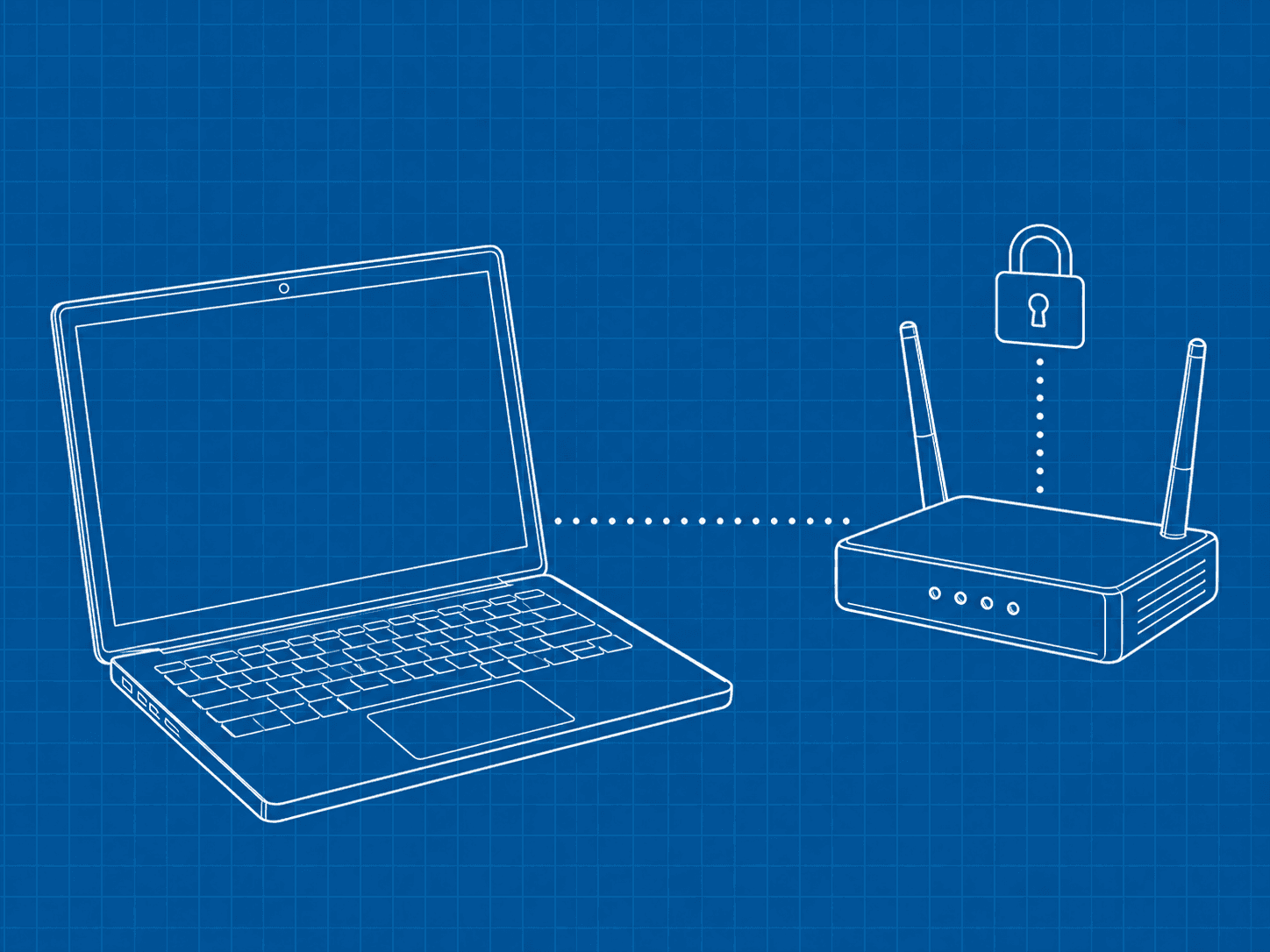 Notebook collegato simbolicamente a router Wi-Fi con lucchetto.