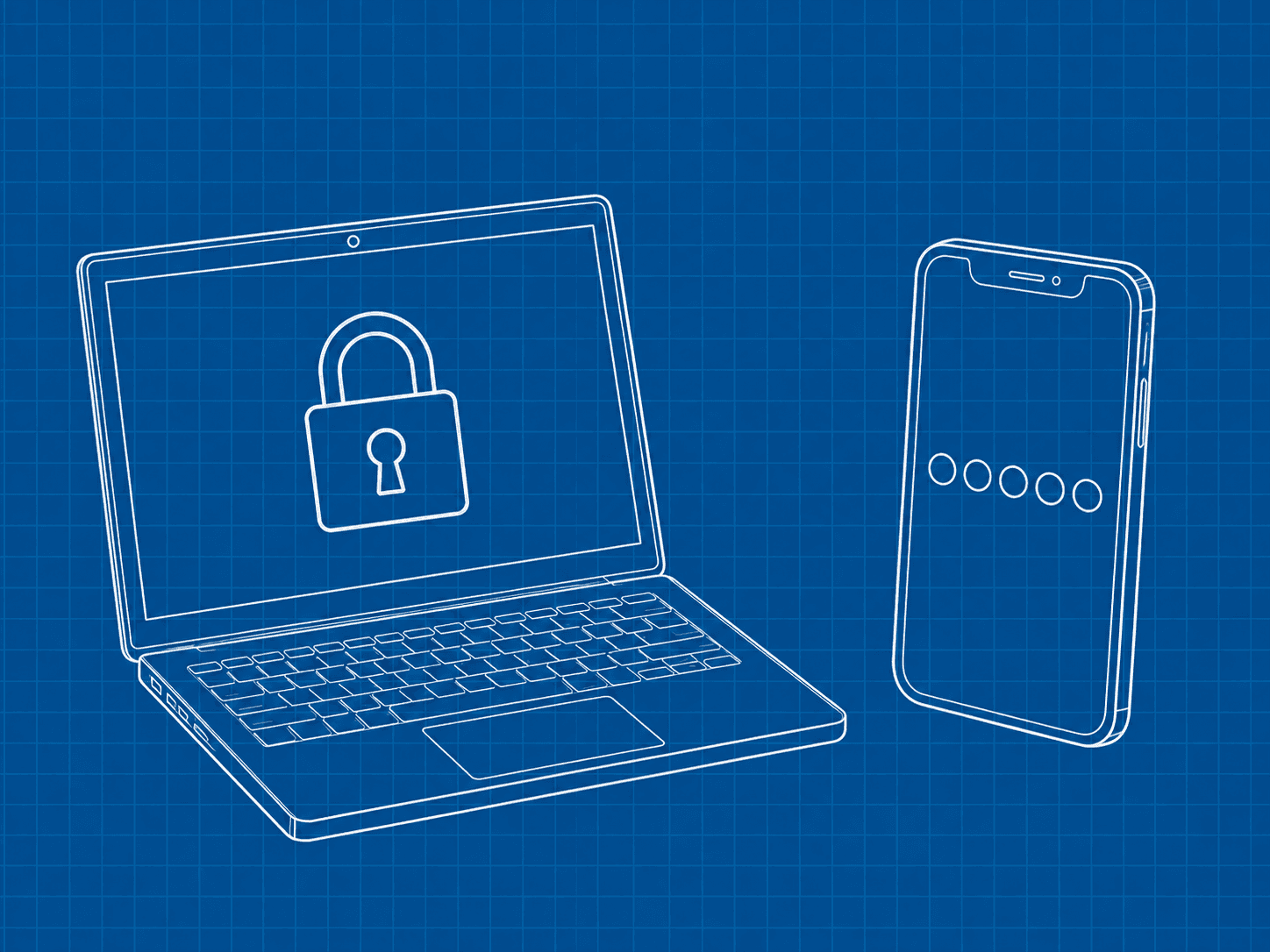 Notebook con lucchetto e telefono con simboli di verifica.