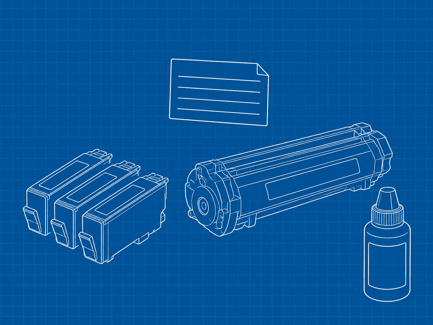 Esempi separati di cartucce inkjet, cartuccia toner, flacone d'inchiostro e promemoria senza codici reali.