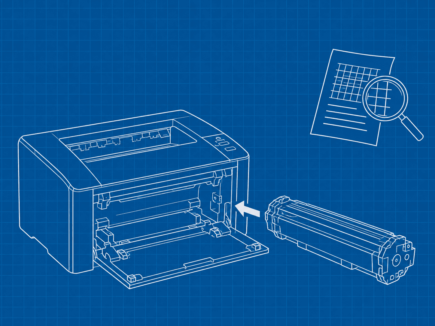Stampante laser generica con sportello accessibile e toner separato, affiancata da una pagina di prova illustrativa.