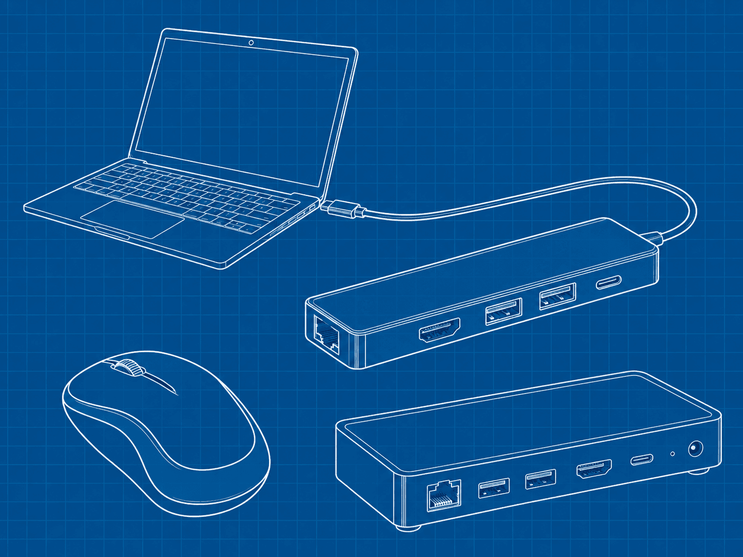 Notebook e accessori esterni: mouse, hub multiporta USB-C e docking station separata.