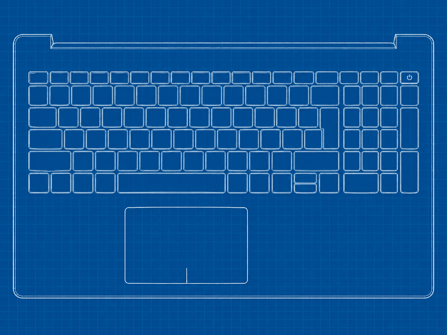 Schema del piano tastiera: pulsante in alto a destra, tasti, tastierino numerico separato e touchpad.