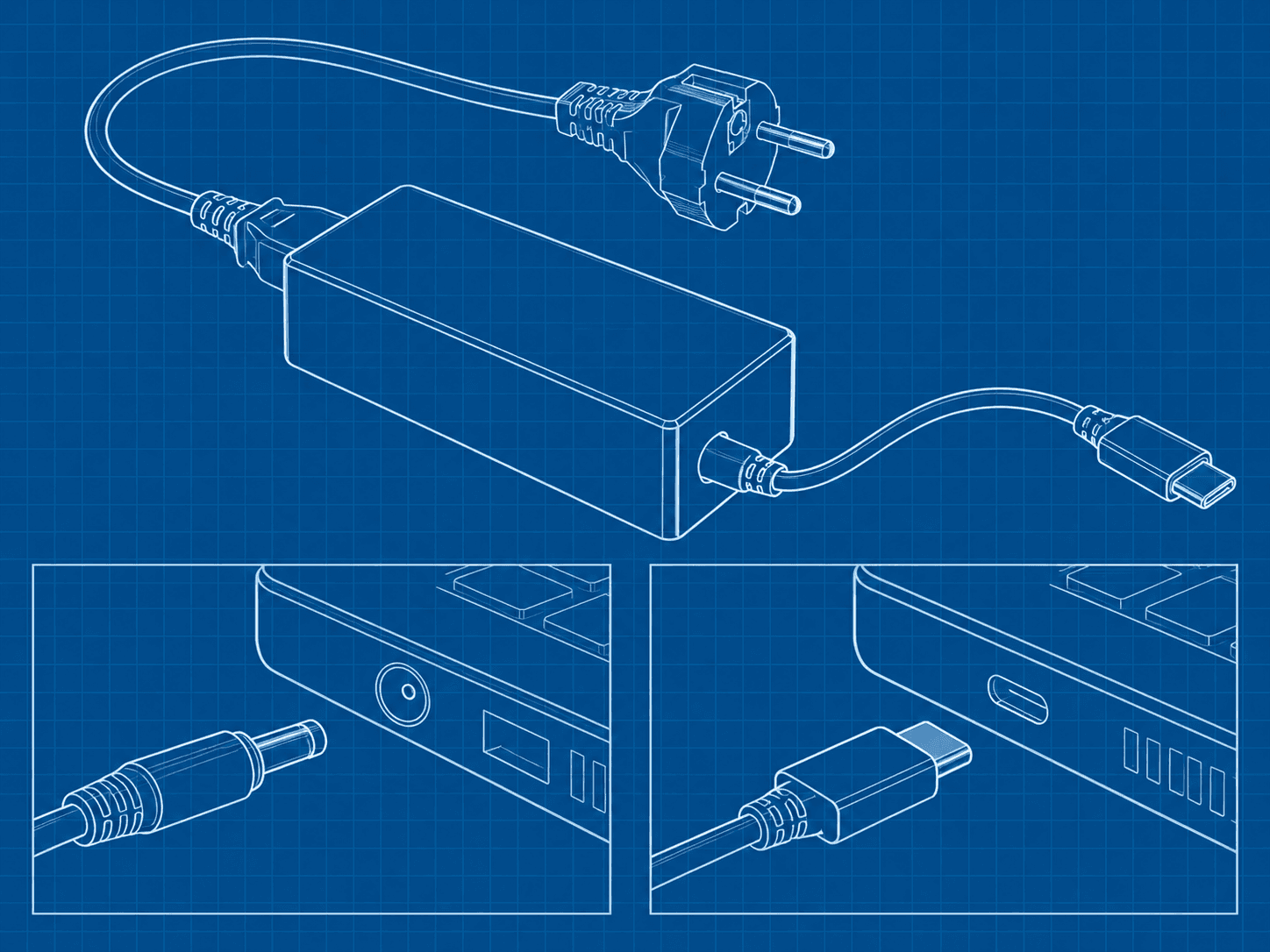 Alimentatore esterno e cavi, con esempi separati di presa rotonda e USB-C.