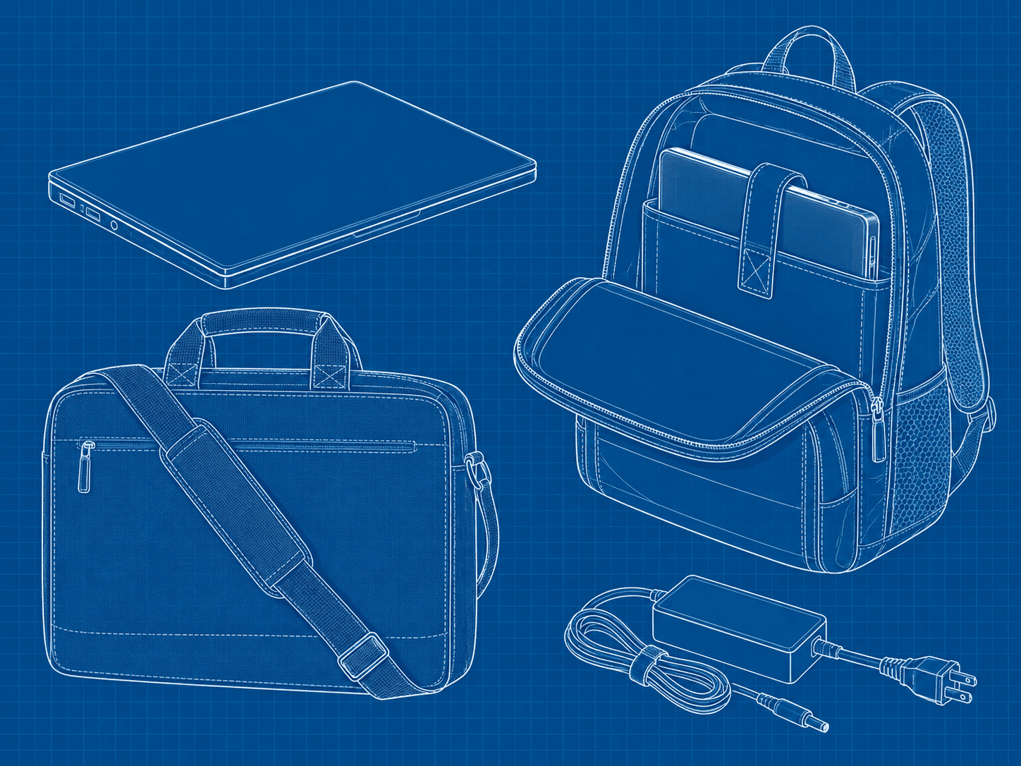 Notebook chiuso accanto a borsa e zaino con vano dedicato, con alimentatore separato e nessuno spinotto inserito.