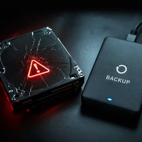 Disco con avviso di rischio e backup per prevenire perdita dati